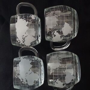 Vintage Nestle Nescafe Clear Glass World Map Globe Coffee  Mugs ~ Set of 4